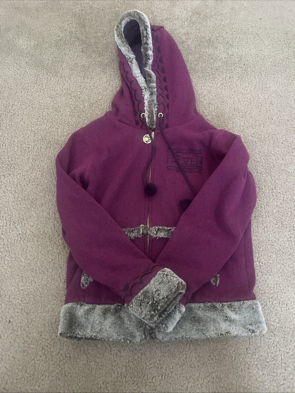 Disney Frozen women's The Broadway Musical size L Faux Fur Hooded Zip-Up Hoodie